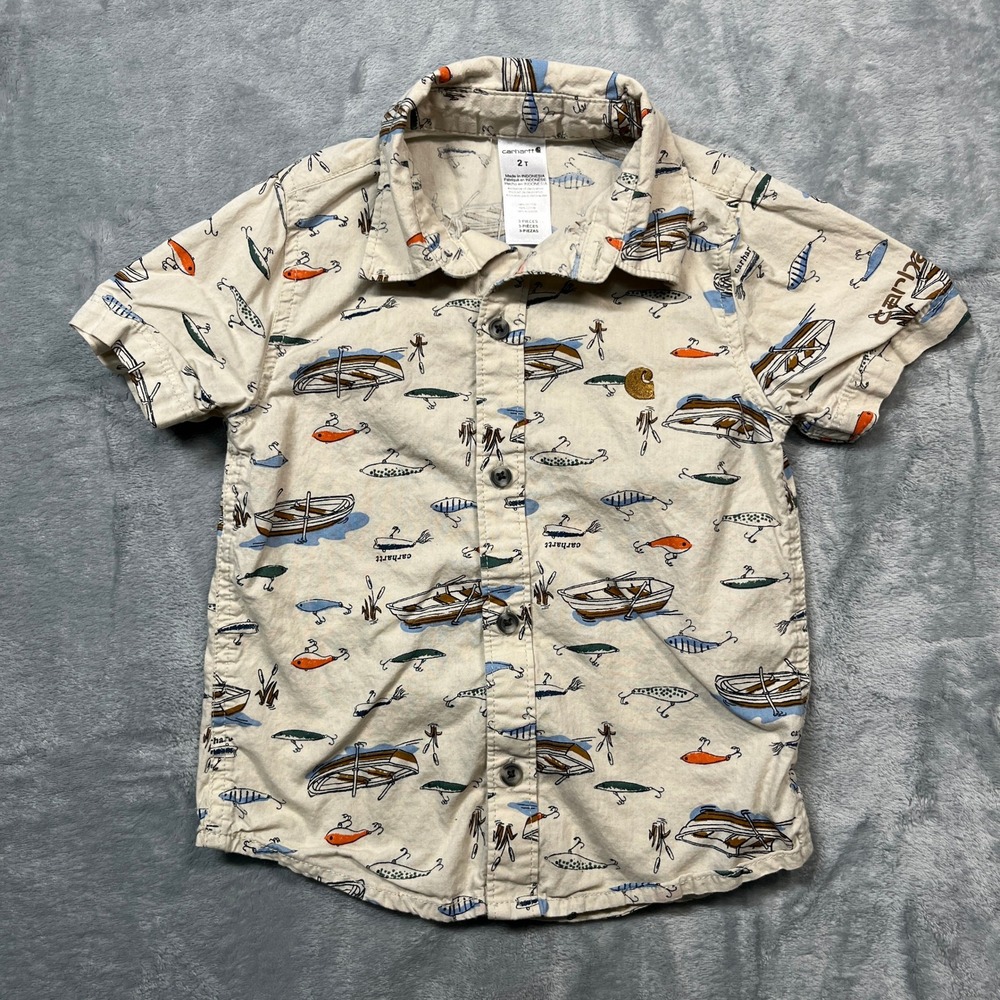 Carhartt Button Down Shirt Toddler 2T Beige Fishing Boat Lure Print Short Sleeve